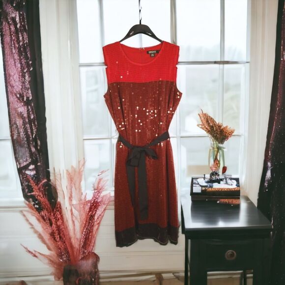 DKNY Silk Sequin Cocktail Sheath Dress Women’s Size 4 Red Black Belted - Picture 1 of 8